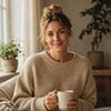 The parent who writes this blog, holding a mug in a sunlit room